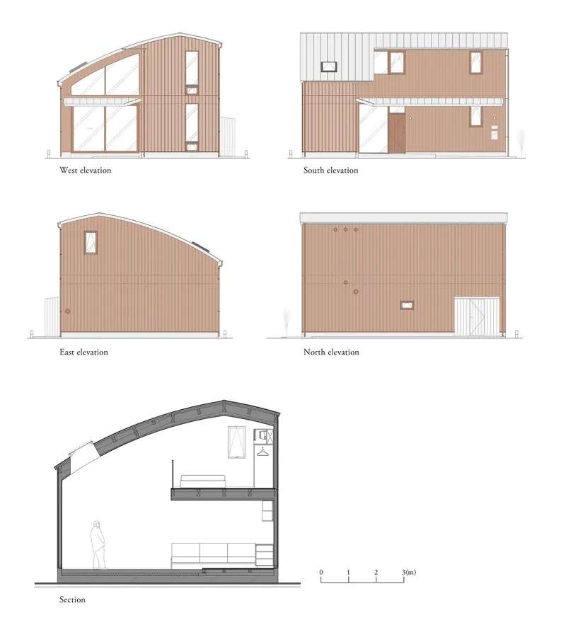 Elevation and section drawings showing a barrel-vaulted roof form with timber cladding and window openings