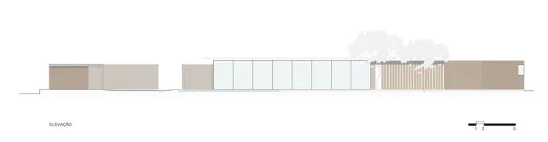 Elevation drawing illustrating the timber screen facade adjacent to glazed bays and an existing tree