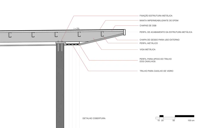 Construction detail drawing showing roof assembly with metal structure, EPDM waterproofing layer and glass cladding system