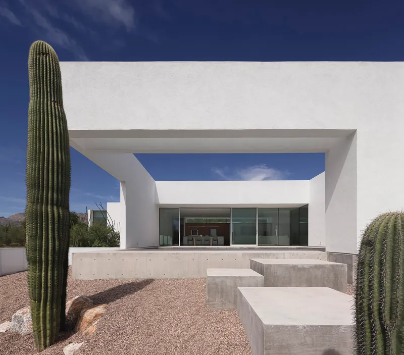 Covered terrace with concrete seating blocks and saguaro cacti flanking the glazed volume beyond