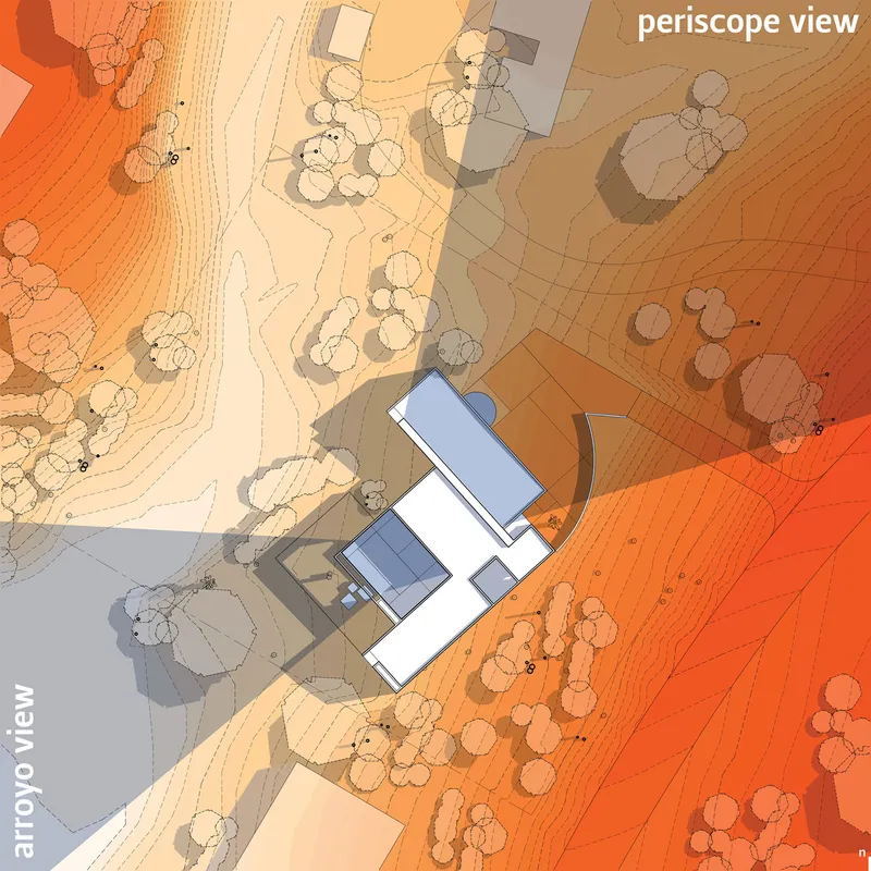 Site plan drawing showing building footprints and tree canopies with topographic contour lines across sloped terrain