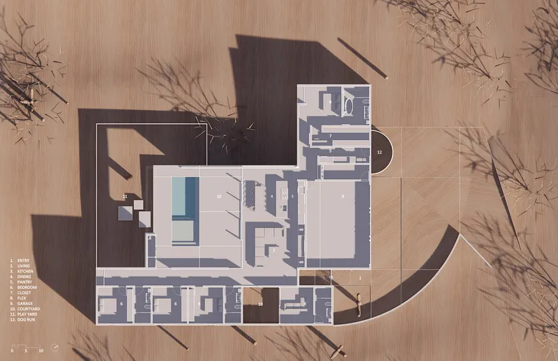 Floor plan drawing with room layouts and shadows of bare winter trees cast across the surface