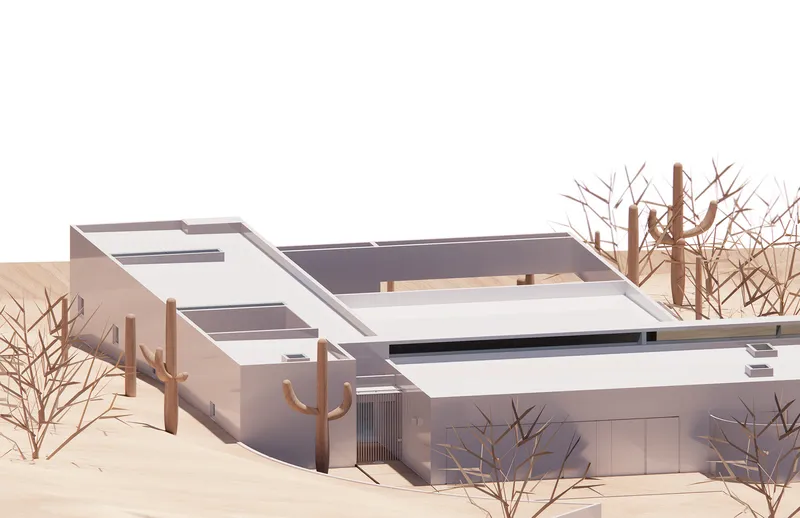 Physical model showing interlocking flat roof volumes with vertical timber posts and leafless desert trees