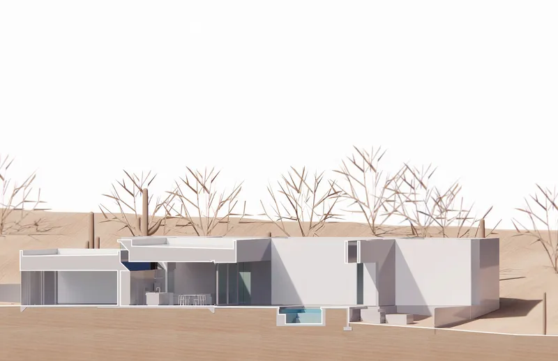 Section model view revealing interior spaces and pool court with sparse vegetation in the landscape