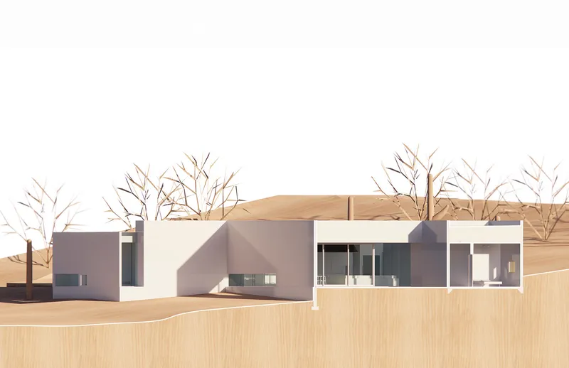 Physical model elevation showing rectilinear volumes with horizontal ribbon windows and timber screening below the roof plane