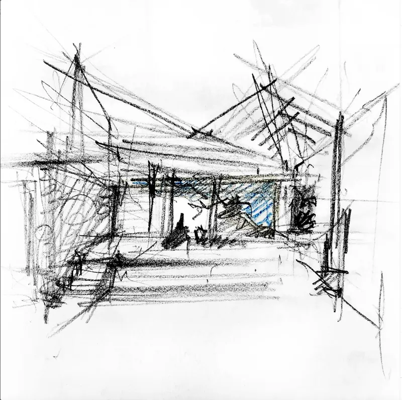 Interior perspective sketch showing an entrance hall with stairs and angled ceiling planes