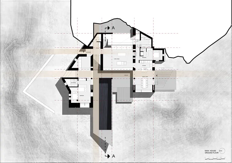 Ground floor plan drawing with irregular room layouts and topographic shading around the perimeter
