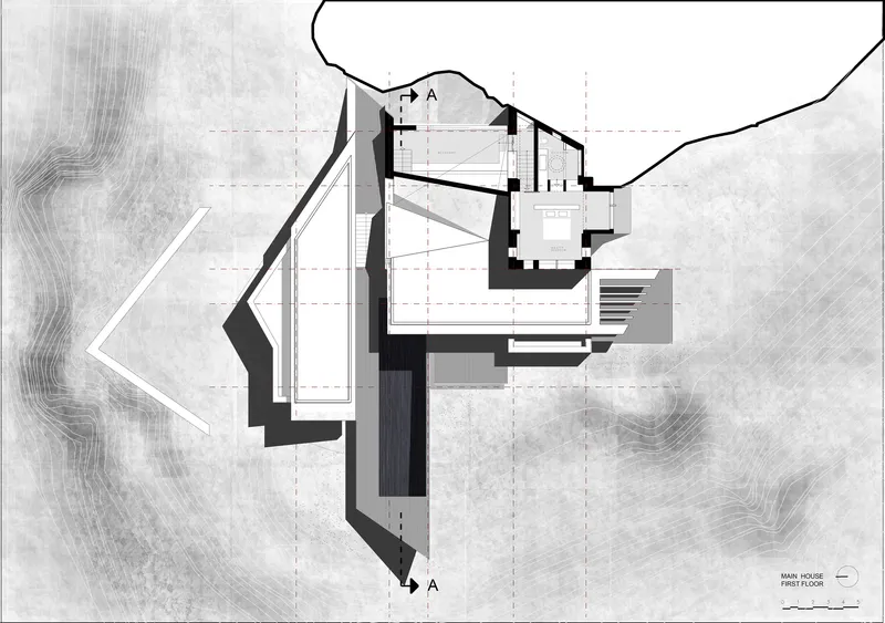 First floor plan drawing showing cantilevered volumes over shaded topography