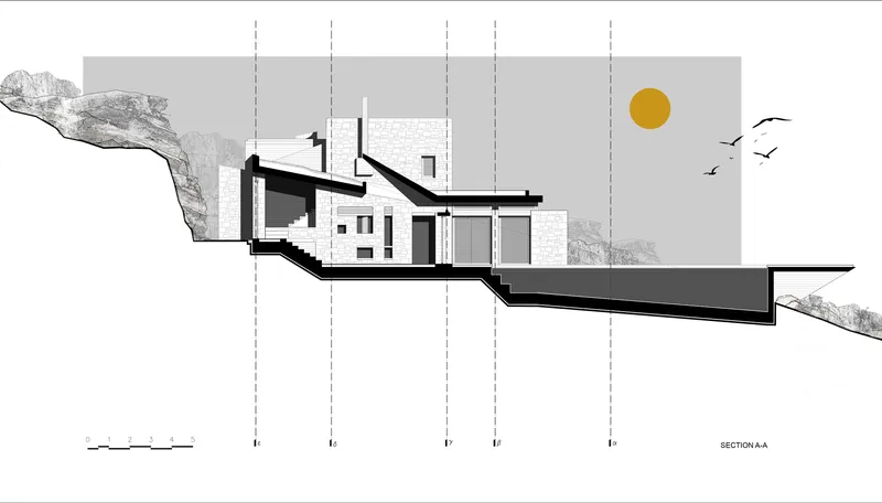 Section drawing through the house showing stepped volumes following the hillside terrain with birds in the sky