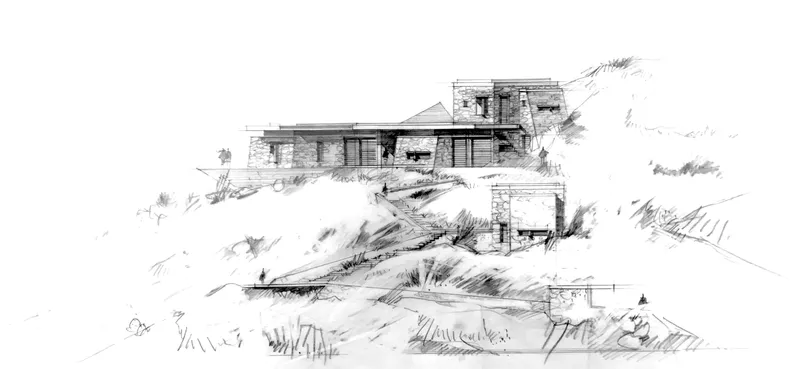 Sketch perspective of the terraced house embedded into the hillside with vegetation