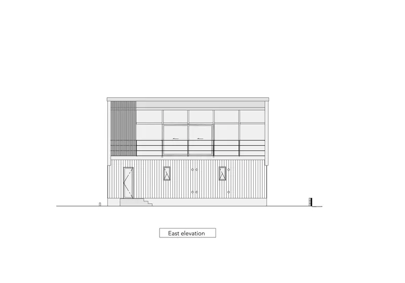 East elevation drawing showing two-story volume with vertical timber cladding and glazed upper level