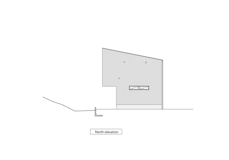 North elevation drawing showing an angular volume with vertical cladding and a sloped terrain line