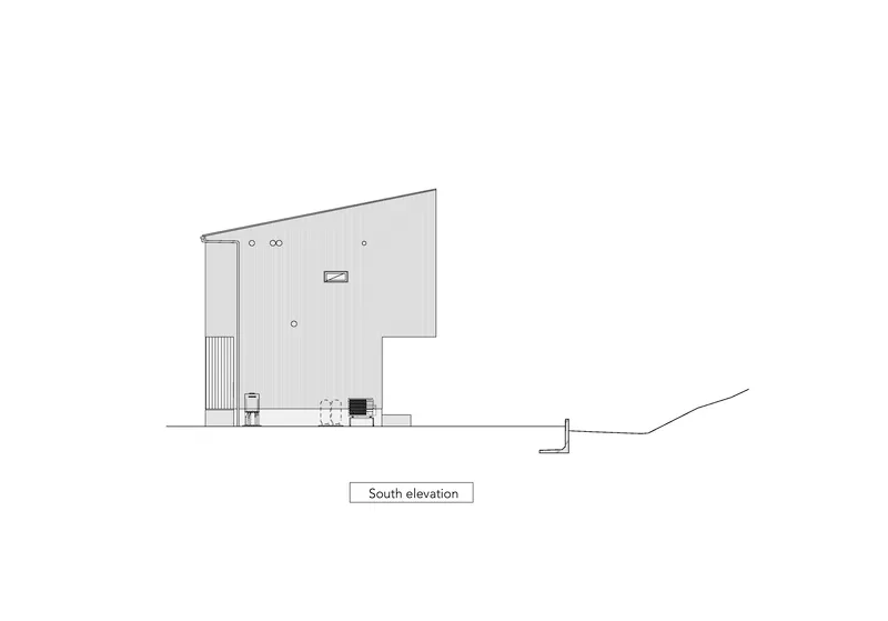 South elevation drawing revealing a two-story structure with vertical slat screens and scattered openings