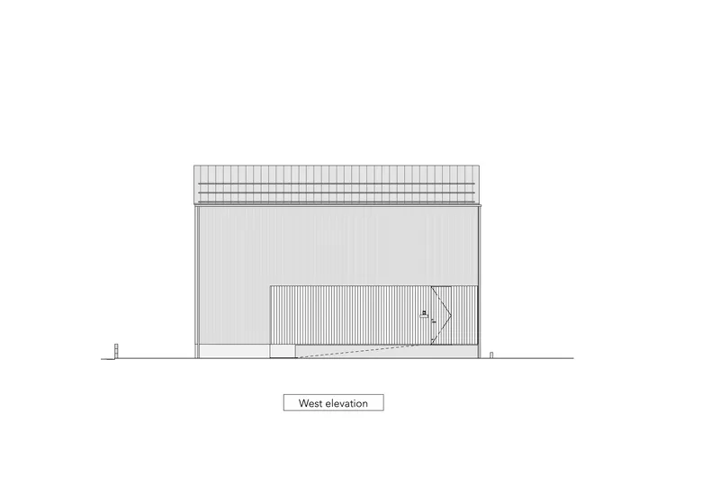 West elevation drawing displaying a flat-roofed volume with clerestory band and slatted lower facade