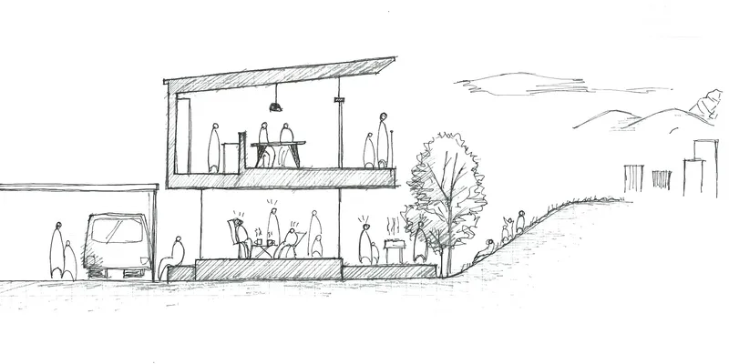 Sketch section with people on two levels, a parked vehicle, and hillside landscape beyond