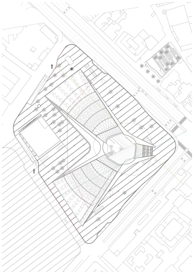 Site plan drawing showing the triangular plaza layout with diagonal striping pattern and surrounding urban fabric