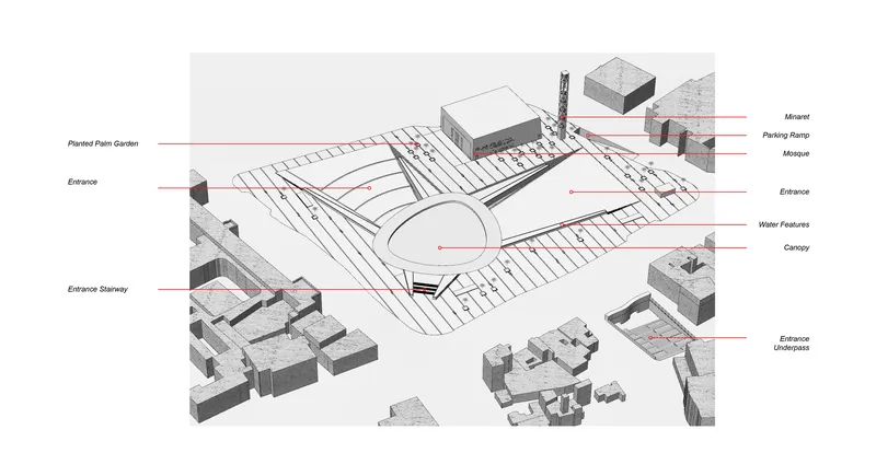 Axonometric drawing showing the plaza layout with labeled surrounding buildings and landscape features