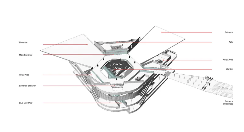 Exploded axonometric drawing revealing layered circulation levels and central hexagonal courtyard with tree canopy