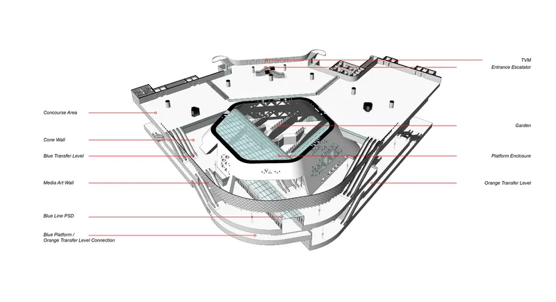 Axonometric view exposing vertical circulation cores and stepped platforms wrapping the central hexagonal void