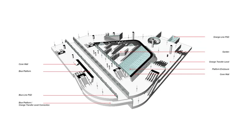 Axonometric section showing linear platform edge and hexagonal core with skylit pool below