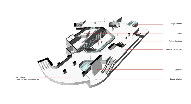 Reverse axonometric view revealing curved platform connections and photovoltaic arrays on elevated structures