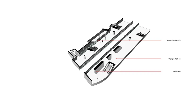 Axonometric drawing showing three parallel shed-roofed volumes with labeled platform enclosures and core wall