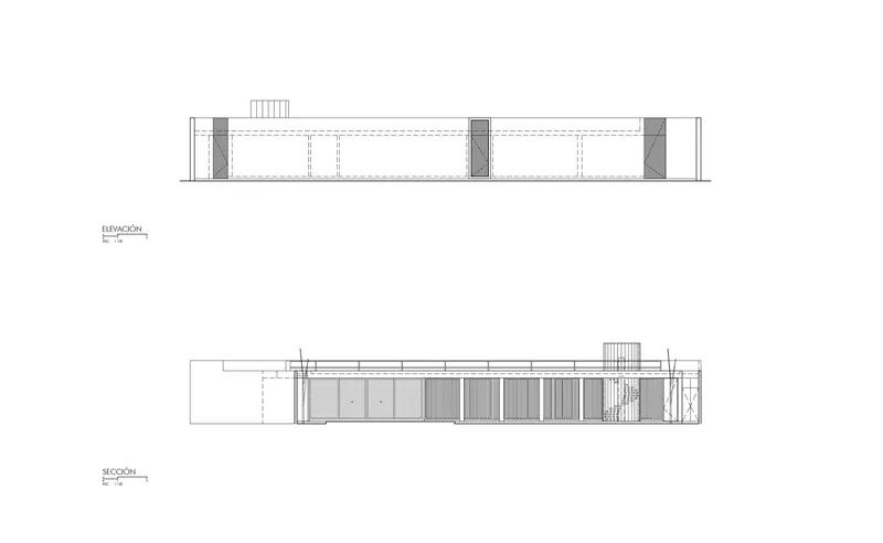 Elevation drawings depicting the horizontal massing with repeating vertical slats and rooftop elements
