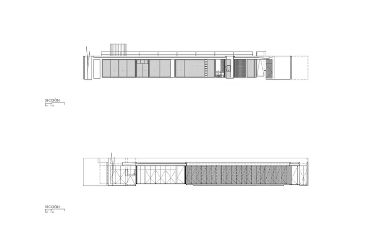 Section drawings revealing interior spatial divisions with glazed openings and textured wall treatments