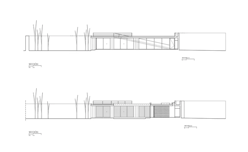 Section drawings showing the low-slung profile with glazed facades and surrounding tree plantings