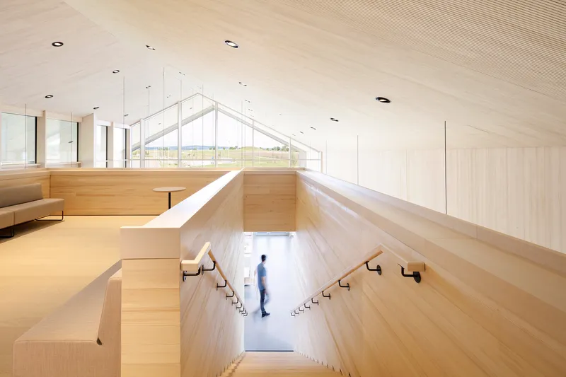 Tiered wooden seating surrounding a central void with a figure walking below in bright daylight