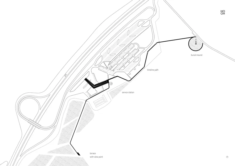 Site plan drawing showing a building footprint alongside roadways and topographic contours