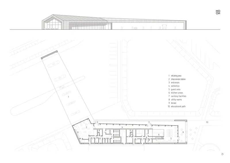 Elevation and floor plan drawings showing the building profile and interior room layout
