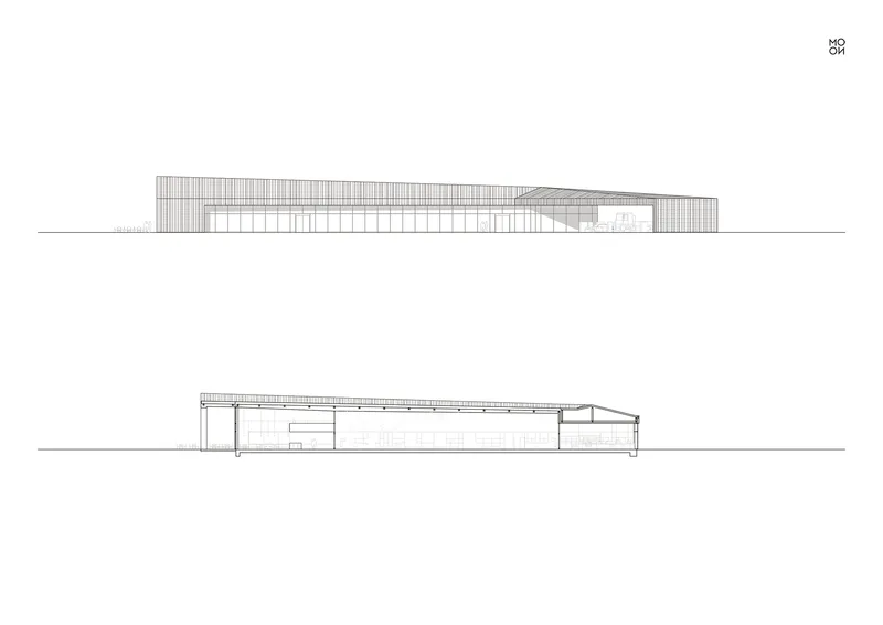 Elevation and section drawings showing a long horizontal volume with sloping roof and clerestory glazing