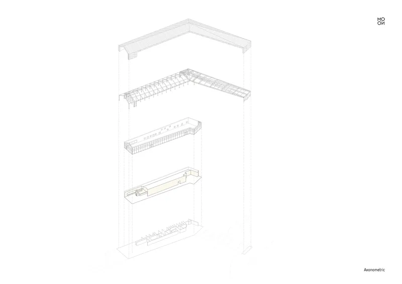 Axonometric drawing revealing five exploded layers of the building structure and roof assembly
