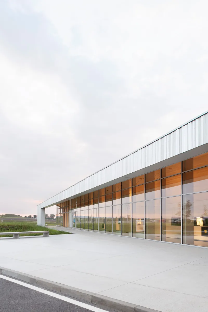 Glass-walled volume with timber ceiling under a white metal roof at dusk