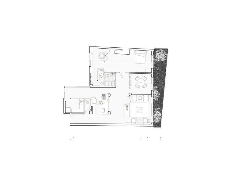 Floor plan drawing showing an L-shaped apartment with living area, bathroom, bedroom and planted terrace
