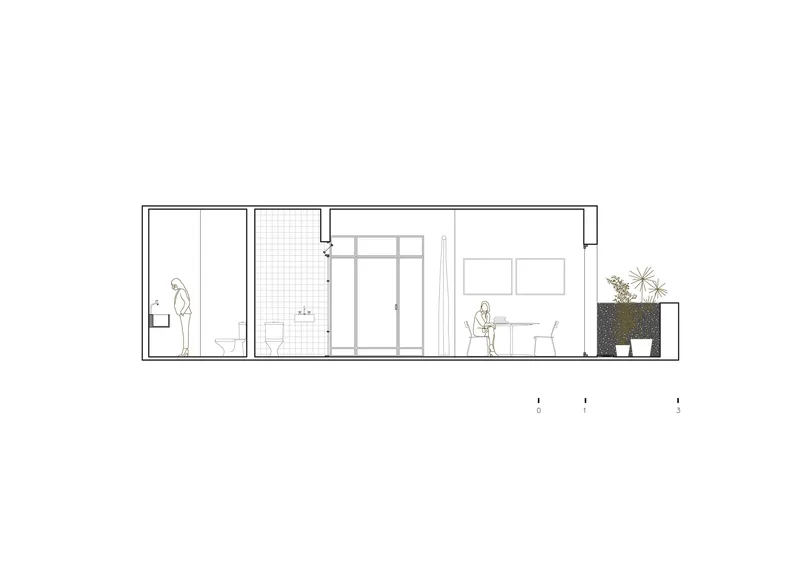 Section drawing cutting through bathroom, bedroom and living spaces with figures and planted terrace