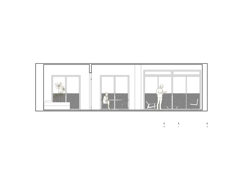 Elevation drawing showing three window bays with planted terrace, seated and standing figures