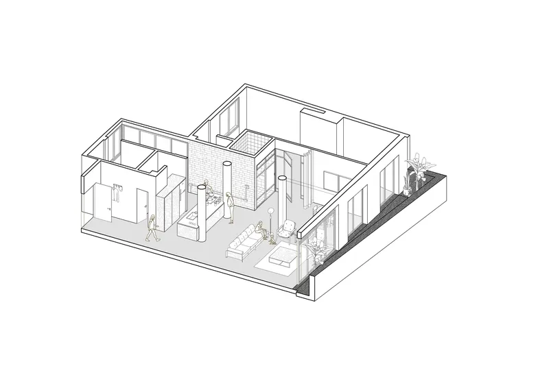 Axonometric drawing revealing interior rooms around a tiled courtyard with furnishings and planted terrace