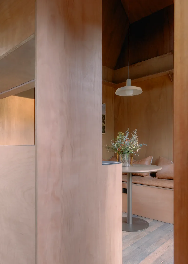 View through plywood-clad corridor toward the dining area with pendant light and vase of wildflowers