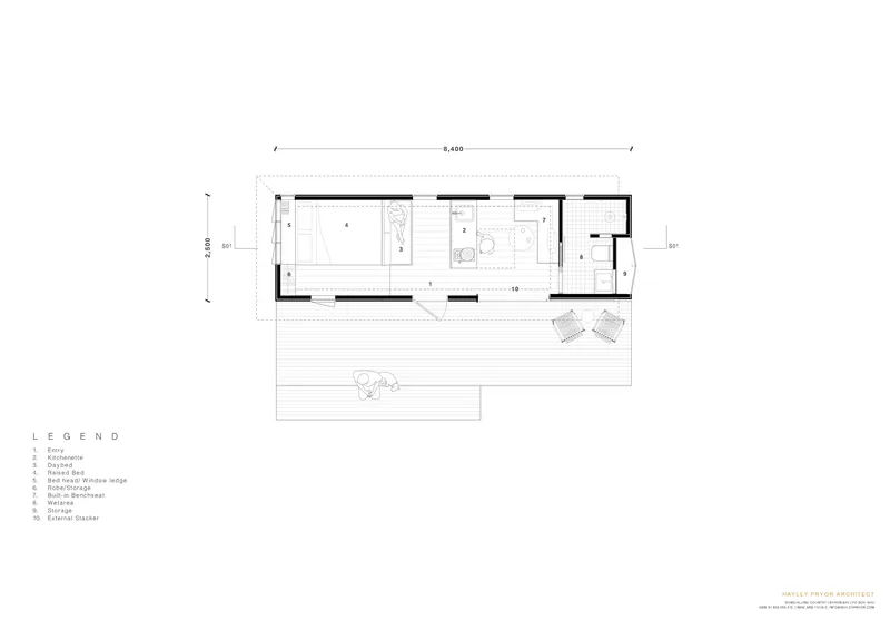 Floor plan drawing showing rectangular layout with deck extending from living spaces
