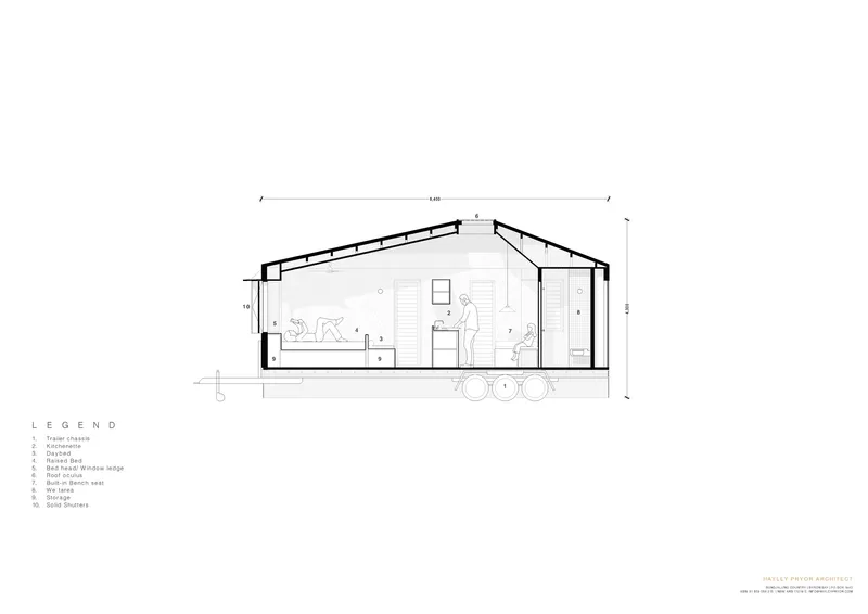 Section drawing revealing pitched roof and interior spaces with figures on wheeled chassis