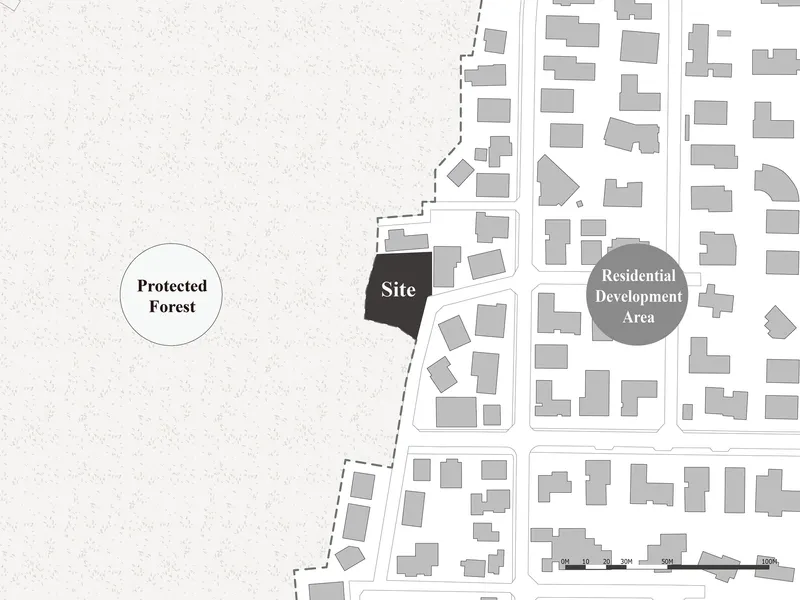 Site plan drawing showing the building plot between protected forest and residential development area
