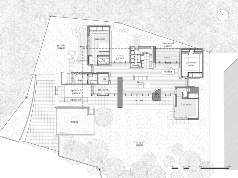 Floor plan drawing showing the layout with labeled rooms radiating from a central entrance and terrace