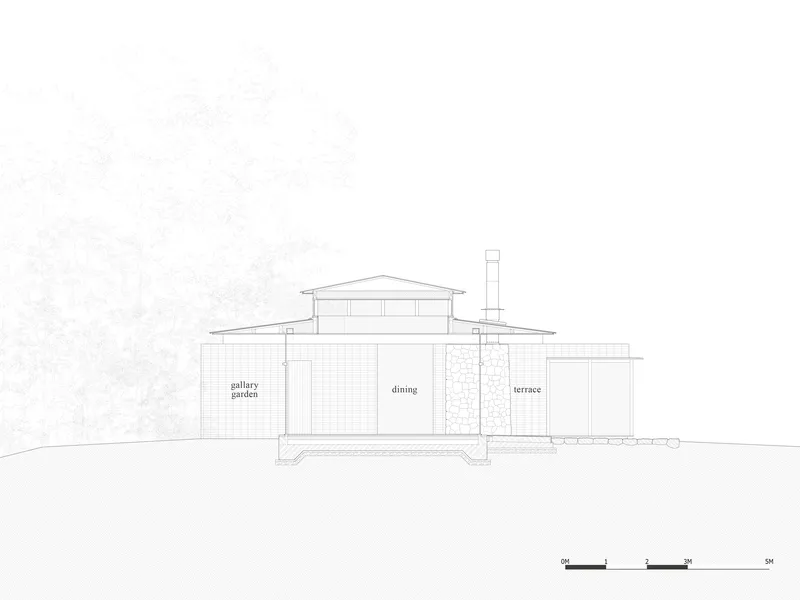 Section drawing revealing a gabled upper volume above a lower level with gallery garden, dining area, and terrace