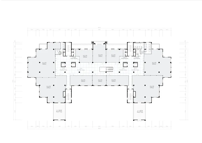 Floor plan drawing showing central rectangular volume surrounded by column grid and perimeter rooms