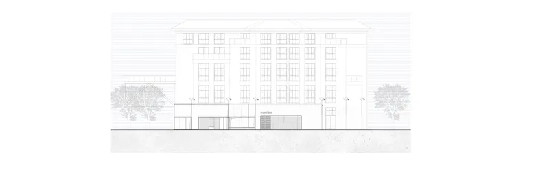 Elevation drawing depicting a recessed glazed entry volume beneath a multi-story building with trees at edges