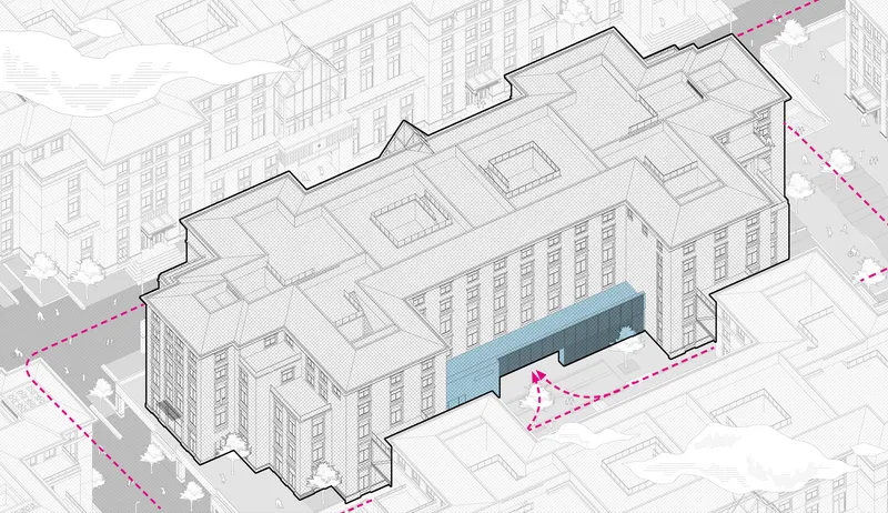 Axonometric drawing highlighting a blue glass volume inserted into the courtyard of a surrounding urban block