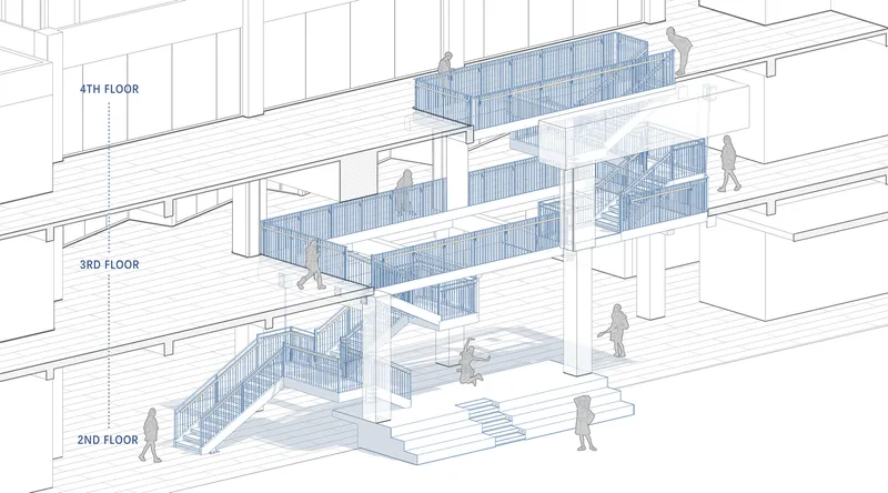 Sectional axonometric drawing of a multi-level stair with blue glass balustrades and figures on each floor