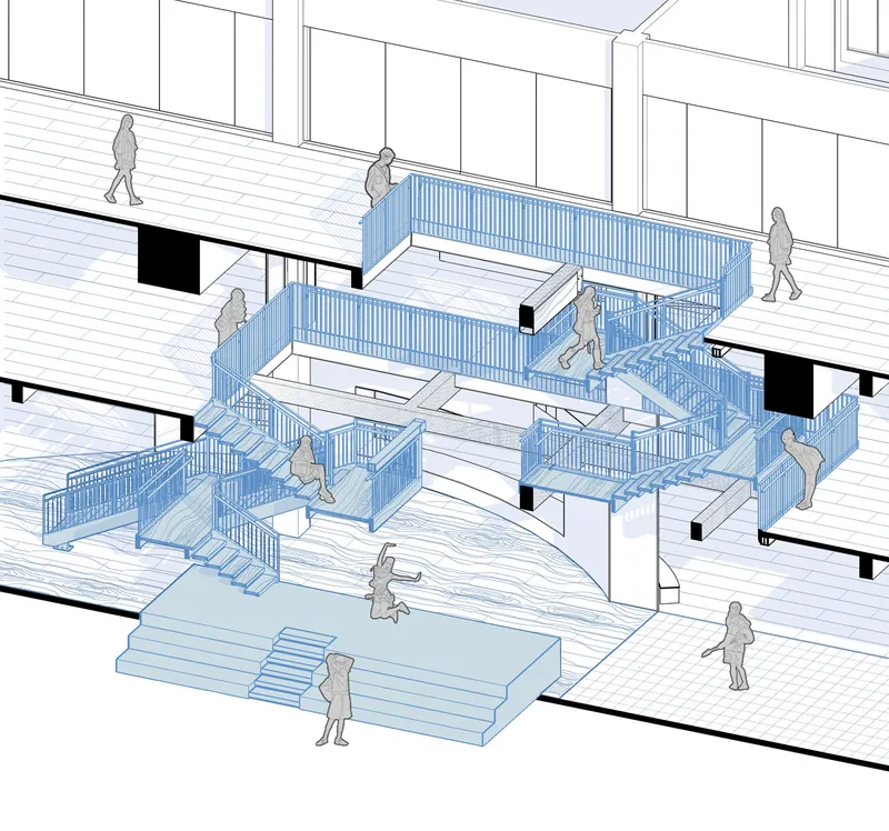 Close-up axonometric detail of the interlocking stairs with vertical blue glass railings and walking figures